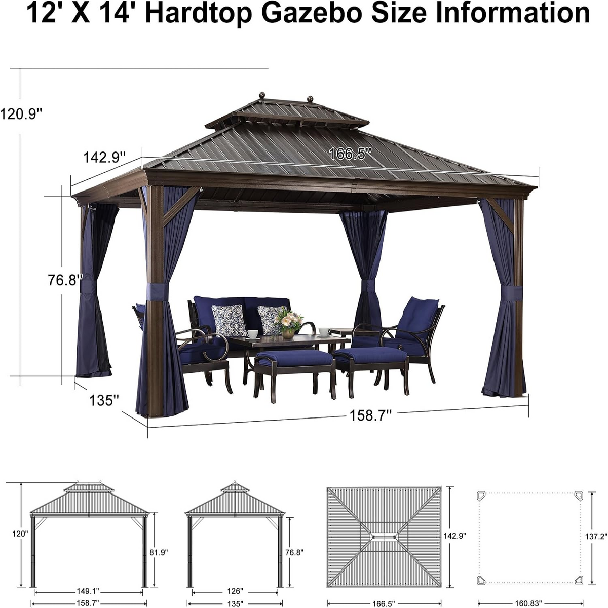 Patio Hardtop Gazebo 12' X 14' Aluminum Frame Navy Blue LED