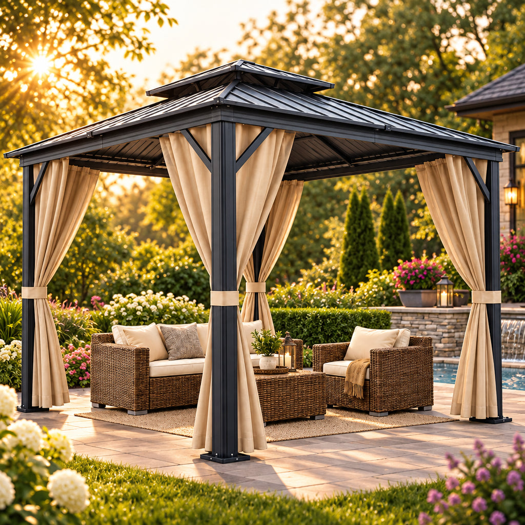 12X12 FT Hardtop Gazebo with Galvanized Steel Double Roof, Heavy-Duty Aluminum Frame Outdoor Gazebo Canopy with Mosquito Netting & Waterproof Curtains for Patio, Backyard, Deck & Lawn