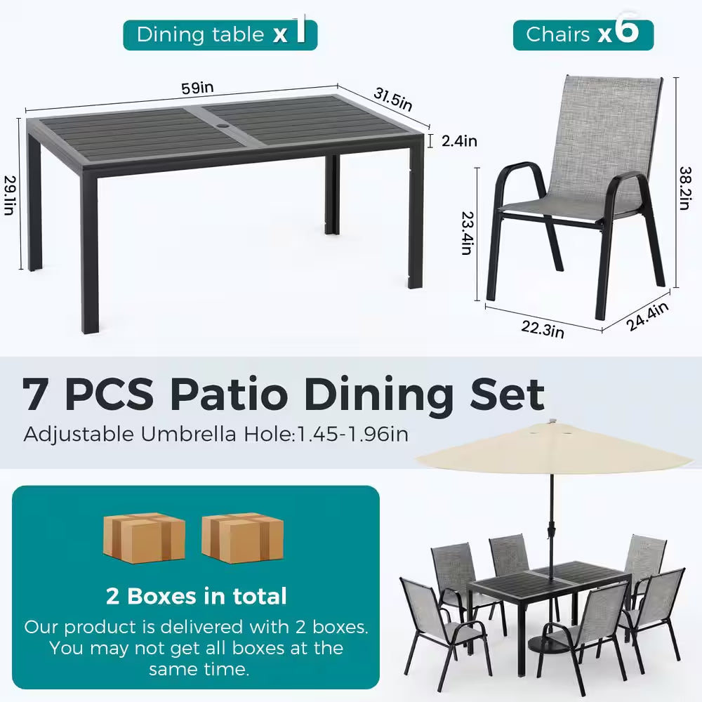 6-Person Patio Dining Set, Textilene Stackable Chairs and Rectangular Table
