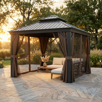 10 Ft. X 10 Ft. Double Galvanized Steel Roof Aluminum Frame Outdoor Patio Hardtop Gazebo with Netting and Curtains — Studio Shot