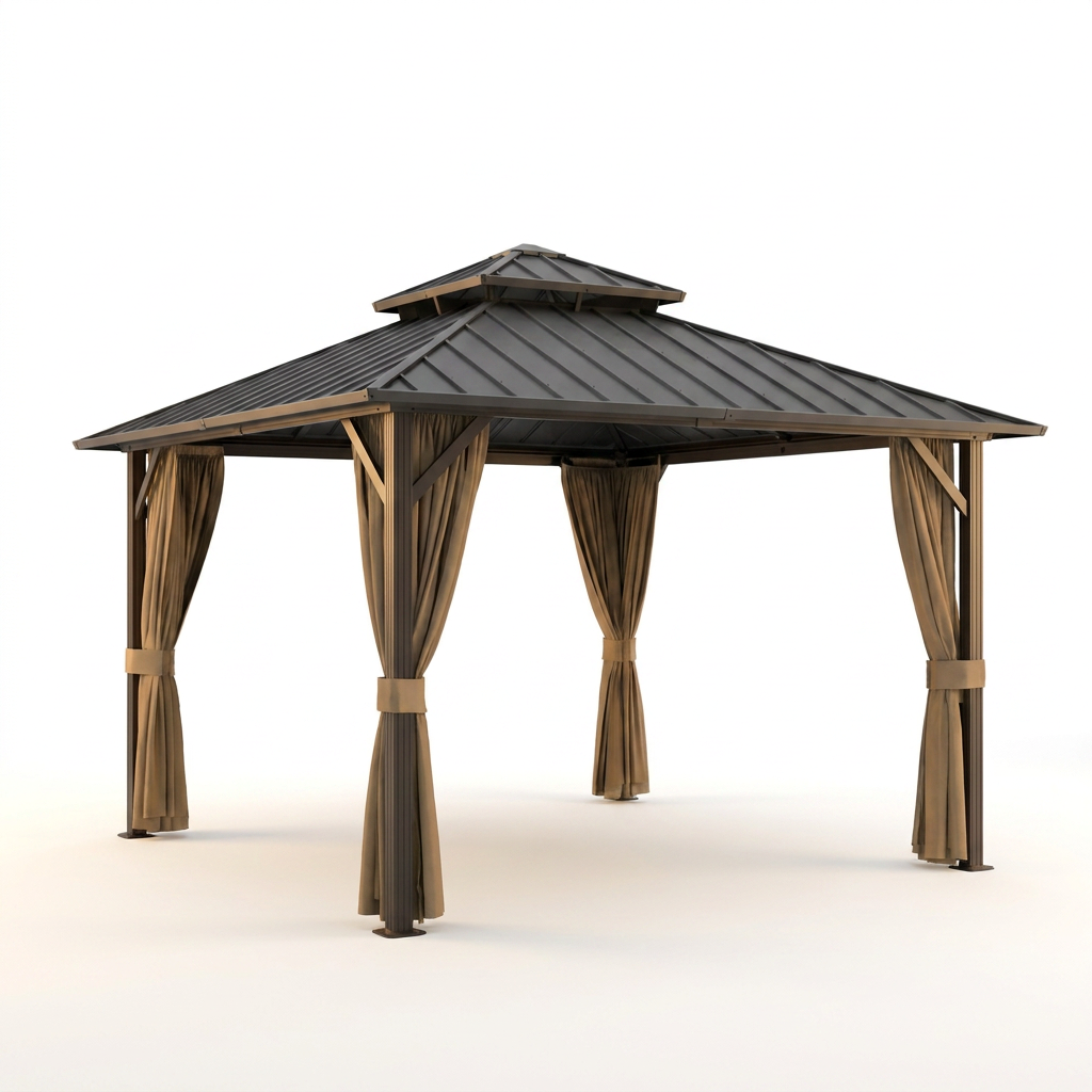 10 Ft. X 10 Ft. Double Galvanized Steel Roof Aluminum Frame Outdoor Patio Hardtop Gazebo with Netting and Curtains — Studio Shot