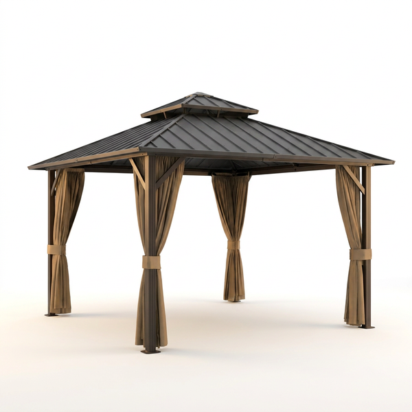 10 Ft. X 10 Ft. Double Galvanized Steel Roof Aluminum Frame Outdoor Patio Hardtop Gazebo with Netting and Curtains — Studio Shot