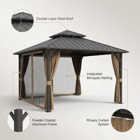 10 Ft. X 10 Ft. Double Galvanized Steel Roof Aluminum Frame Outdoor Patio Hardtop Gazebo with Netting and Curtains — infographic
