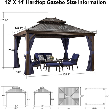Patio Hardtop Gazebo 12' X 14' Aluminum Frame Navy Blue LED