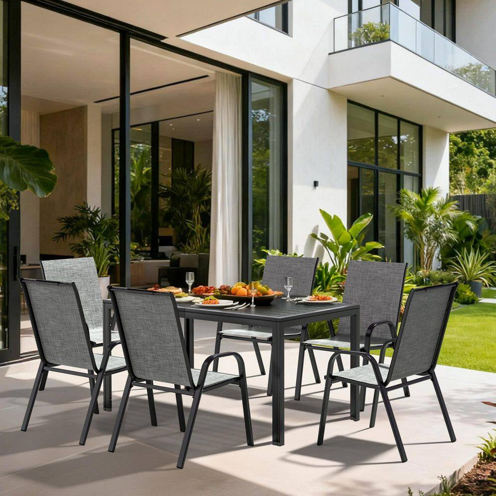 6-Person Patio Dining Set, Textilene Stackable Chairs and Rectangular Table