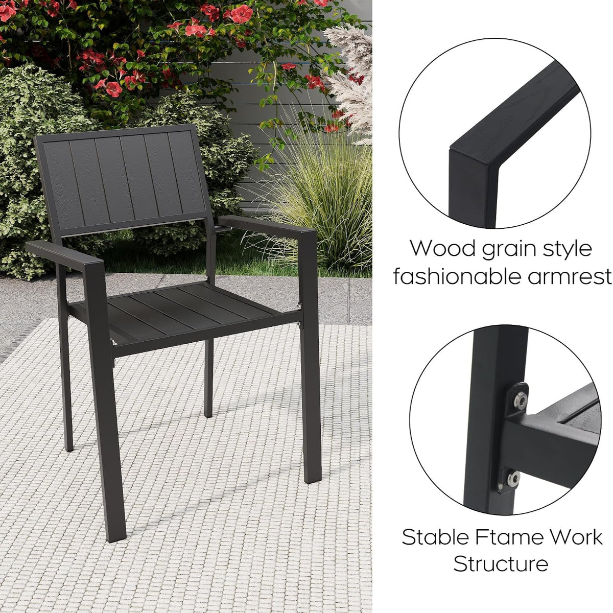 5‑Piece Outdoor Patio Dining Set, Waterproof Patio Table and Chairs for 4, Outdoor Patio Dining Set, 37.8" Square Wood‑Grain Metal Table with Umbrella Hole for Lawn Garden Backyard, Black