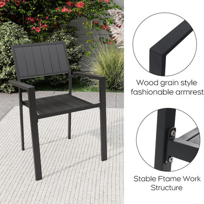 5‑Piece Outdoor Patio Dining Set, Waterproof Patio Table and Chairs for 4, Outdoor Patio Dining Set, 37.8" Square Wood‑Grain Metal Table with Umbrella Hole for Lawn Garden Backyard, Black