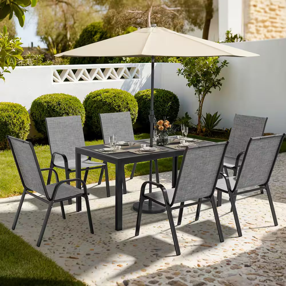 6-Person Patio Dining Set, Textilene Stackable Chairs and Rectangular Table