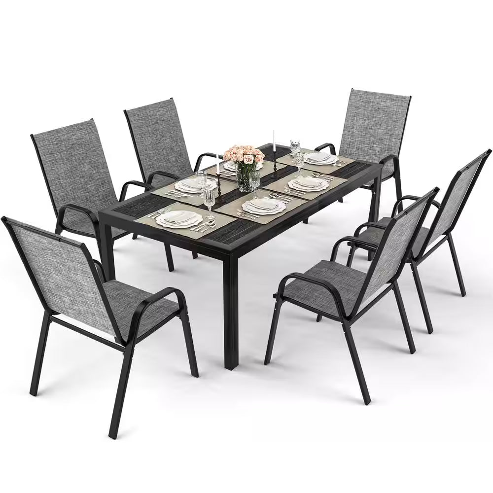 6-Person Patio Dining Set, Textilene Stackable Chairs and Rectangular Table