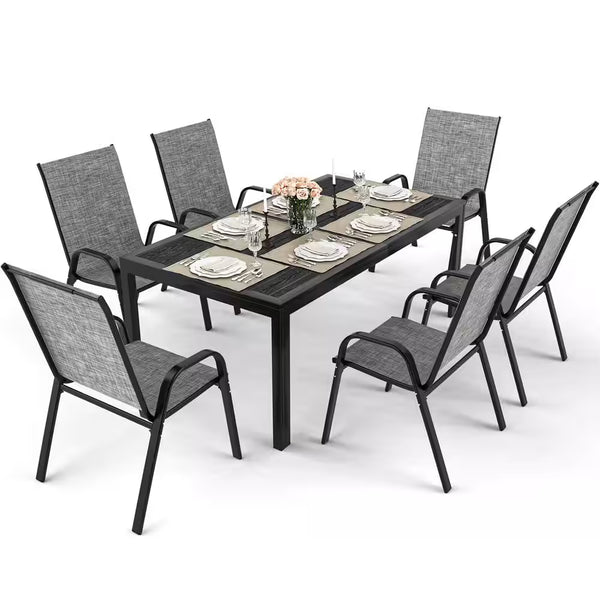6-Person Patio Dining Set, Textilene Stackable Chairs and Rectangular Table