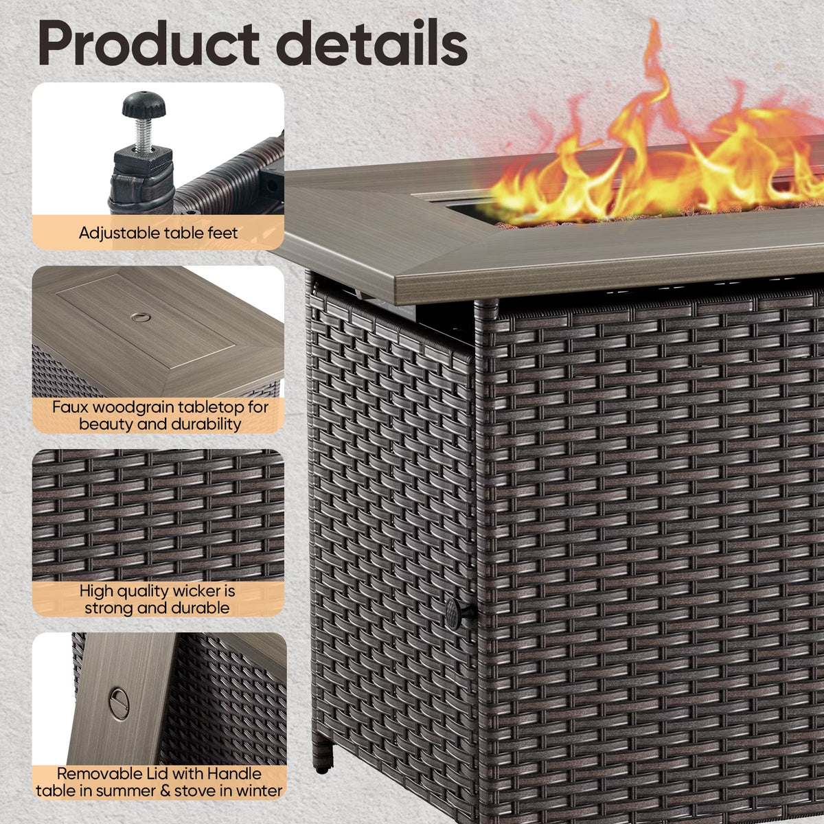 Luxury 6 Pieces Patio Furniture Set with 41” Propane Fire Pit Table,Rattan Outdoor Deep Seating Conversation Set with Swivel Glider Patio Chair and Rattan Sofa for Porch Backyard Balcony