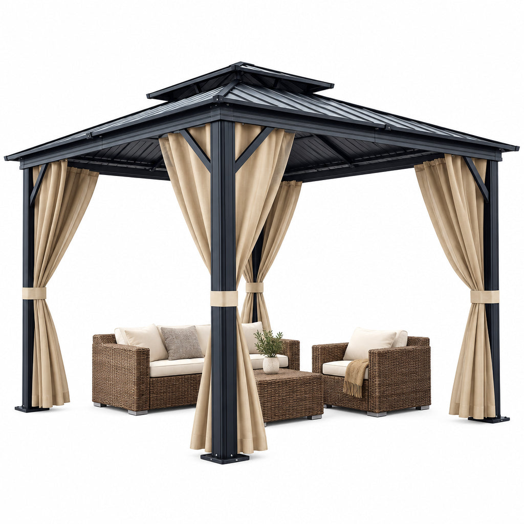 12X12 FT Hardtop Gazebo with Galvanized Steel Double Roof, Heavy-Duty Aluminum Frame Outdoor Gazebo Canopy with Mosquito Netting & Waterproof Curtains for Patio, Backyard, Deck & Lawn