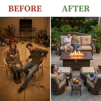 7 Piece Outdoor Patio Furniture Set, Patio Furniture Set with Fire Pit Table Rattan Wicker Patio Furniture Set, Brown Wicker & Beige Cushion — Before & After