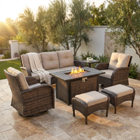 7 Piece Outdoor Patio Furniture Set, Patio Furniture Set with Fire Pit Table Rattan Wicker Patio Furniture Set, Brown Wicker & Beige Cushion — Studio Shot