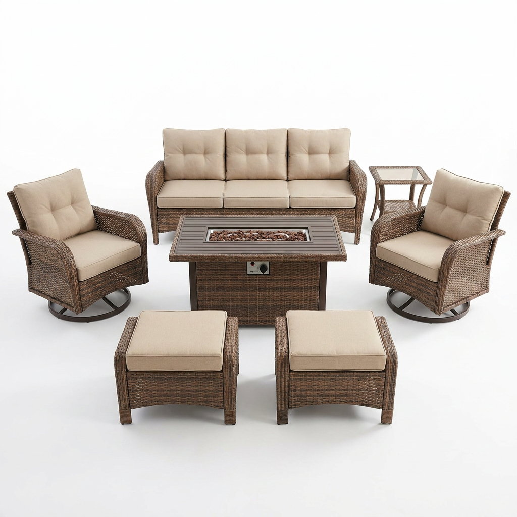 7 Piece Outdoor Patio Furniture Set, Patio Furniture Set with Fire Pit Table Rattan Wicker Patio Furniture Set, Brown Wicker & Beige Cushion — Studio Shot