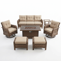 7 Piece Outdoor Patio Furniture Set, Patio Furniture Set with Fire Pit Table Rattan Wicker Patio Furniture Set, Brown Wicker & Beige Cushion — Studio Shot