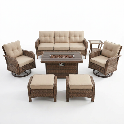 Outdoor Patio Furniture Set Designed for Year-Round Gathering, 7-Piece with Fire Pit Table, Rattan Wicker