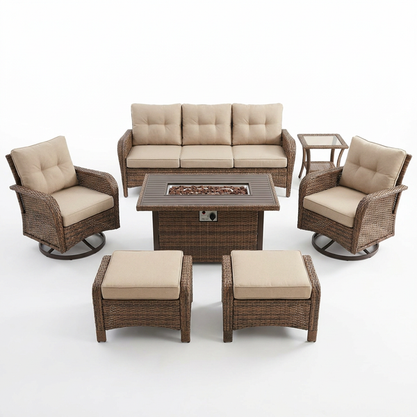 7 Piece Outdoor Patio Furniture Set, Patio Furniture Set with Fire Pit Table Rattan Wicker Patio Furniture Set, Brown Wicker & Beige Cushion — Studio Shot