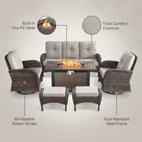 7 Piece Outdoor Patio Furniture Set, Patio Furniture Set with Fire Pit Table Rattan Wicker Patio Furniture Set, Brown Wicker & Beige Cushion — infographic
