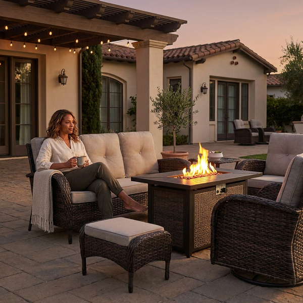 Outdoor Patio Furniture Set Designed for Year-Round Gathering, 7-Piece with Fire Pit Table, Rattan Wicker