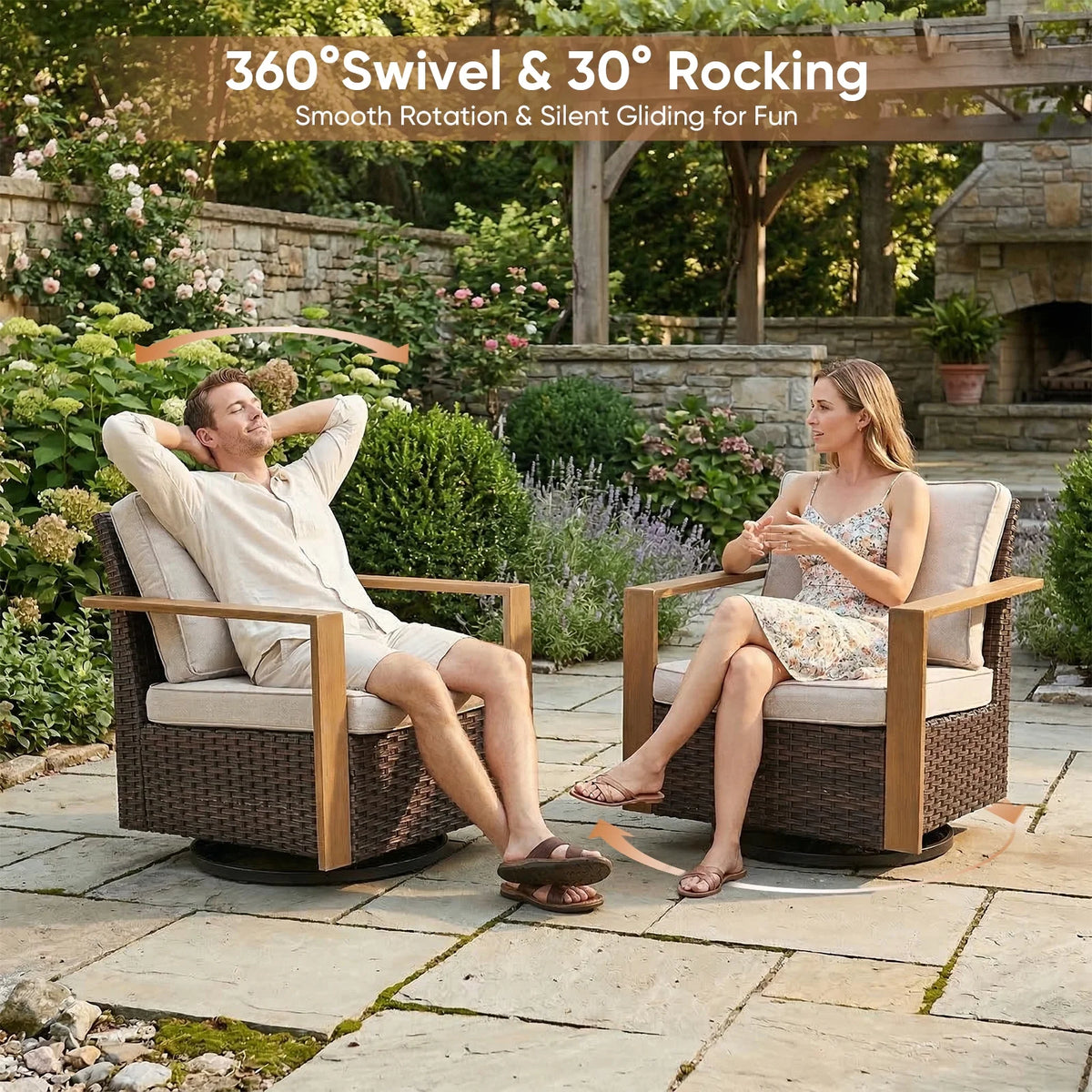 Luxury 6 Pieces Patio Furniture Set with 41” Propane Fire Pit Table,Rattan Outdoor Deep Seating Conversation Set with Swivel Glider Patio Chair and Rattan Sofa for Porch Backyard Balcony
