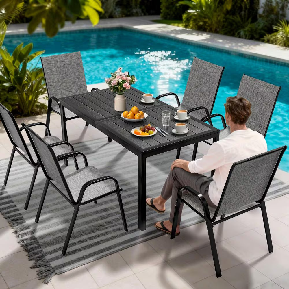 6-Person Patio Dining Set, Textilene Stackable Chairs and Rectangular Table