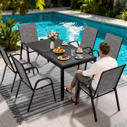 6-Person Patio Dining Set, Textilene Stackable Chairs and Rectangular Table