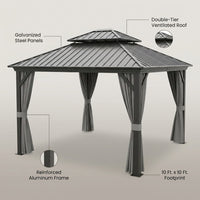 Patio Gazebo Built for Year-Round Coverage, 10x10 Hardtop, Galvanized Steel Roof, Aluminum Frame — infographic