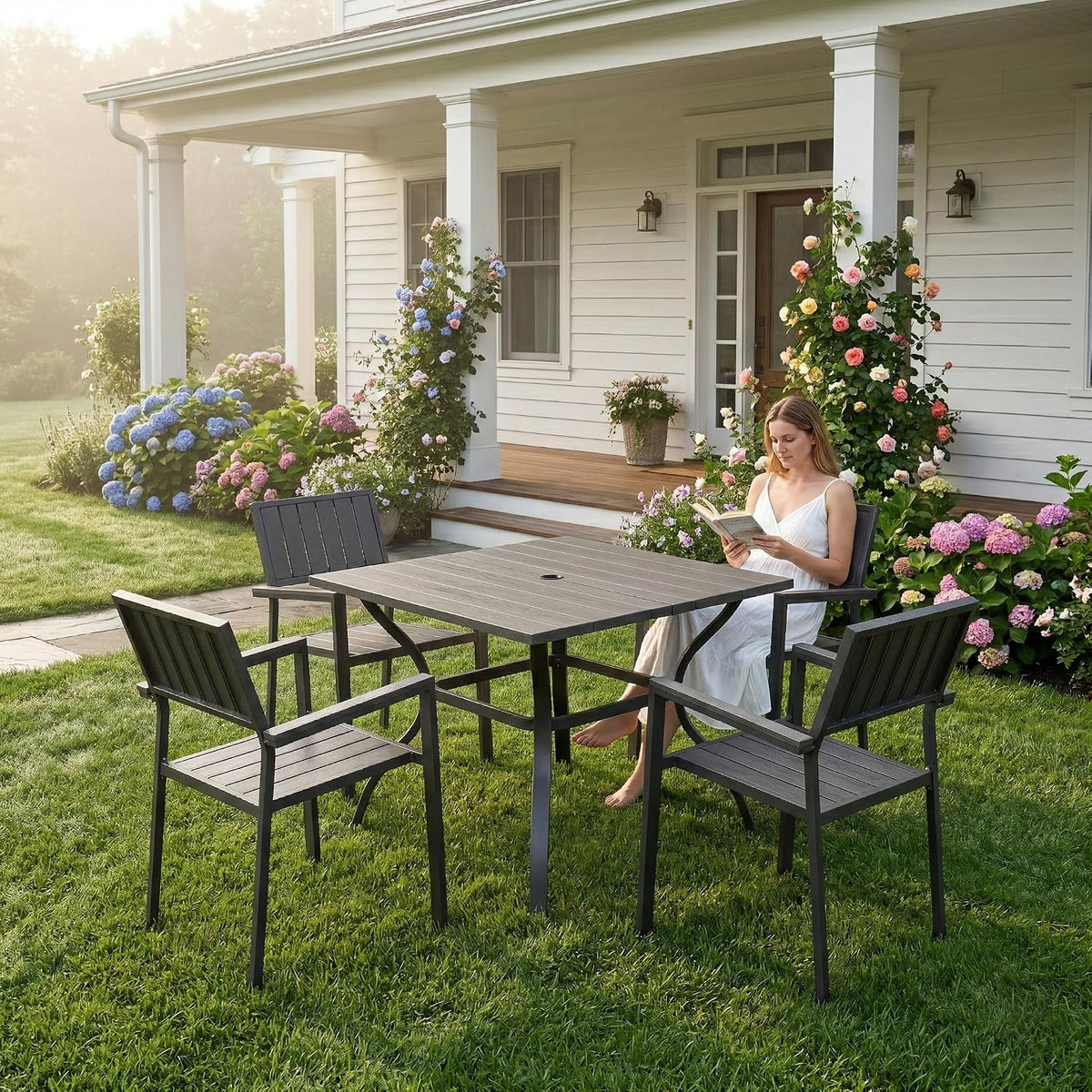 5‑Piece Outdoor Patio Dining Set, Waterproof Patio Table and Chairs for 4, Outdoor Patio Dining Set, 37.8" Square Wood‑Grain Metal Table with Umbrella Hole for Lawn Garden Backyard, Black