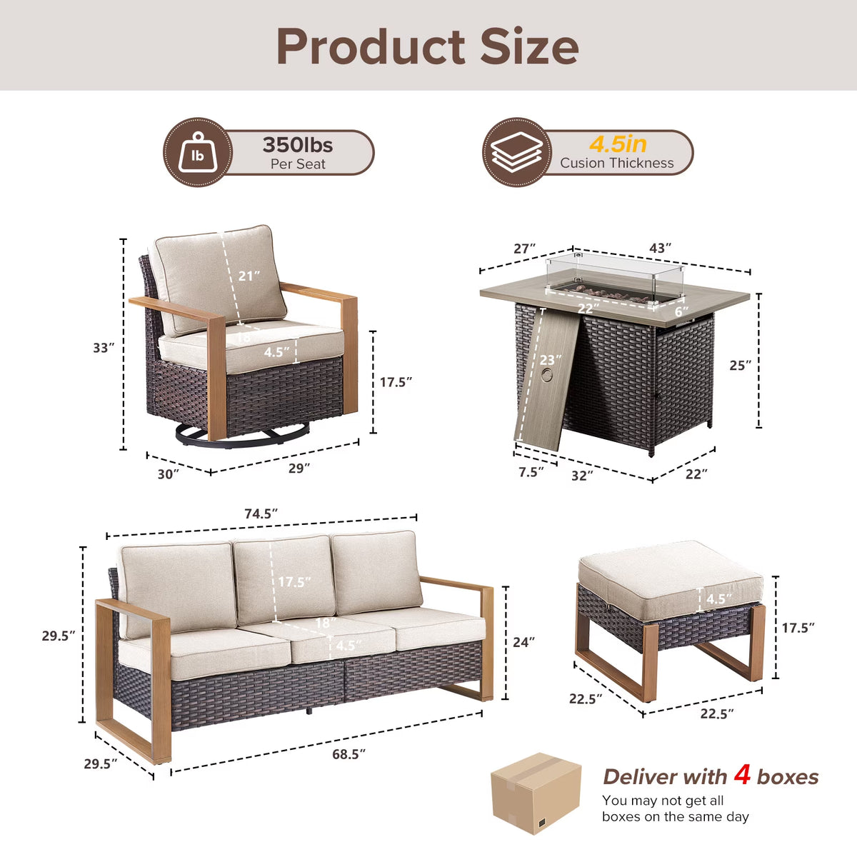 Luxury 6 Pieces Patio Furniture Set with 41” Propane Fire Pit Table,Rattan Outdoor Deep Seating Conversation Set with Swivel Glider Patio Chair and Rattan Sofa for Porch Backyard Balcony
