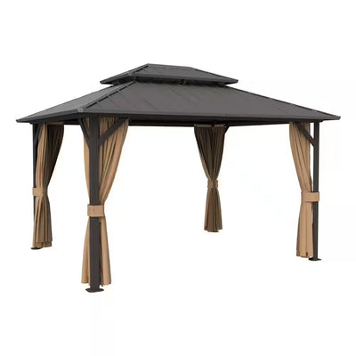 12 Ft. X 16 Ft. Double Galvanized Steel Roof Aluminum Frame Outdoor Patio Hardtop Gazebo with Netting and Curtains
