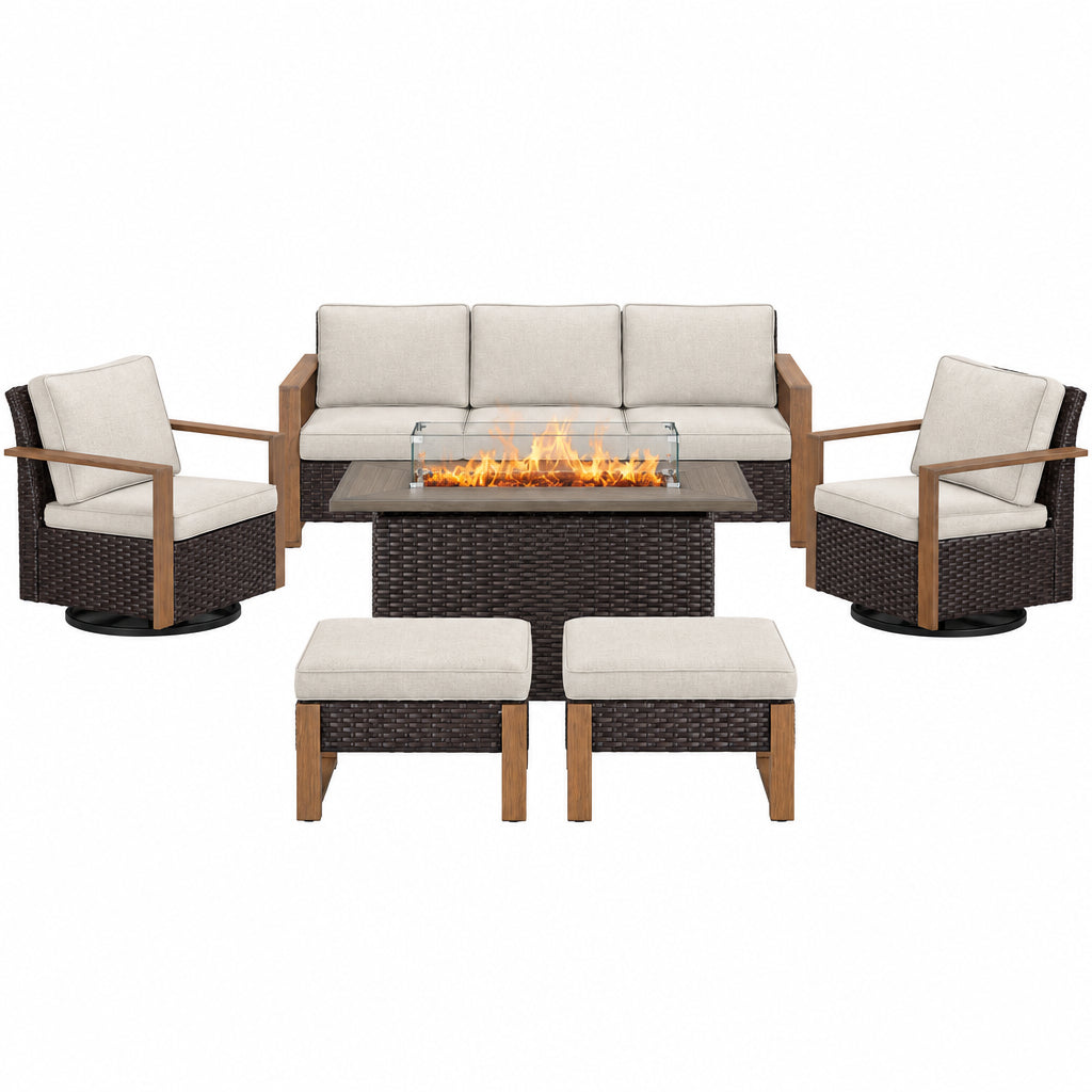 Luxury 6 Pieces Patio Furniture Set with 41” Propane Fire Pit Table,Rattan Outdoor Deep Seating Conversation Set with Swivel Glider Patio Chair and Rattan Sofa for Porch Backyard Balcony