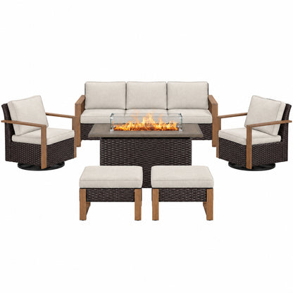 Luxury 6 Pieces Patio Furniture Set with 41” Propane Fire Pit Table,Rattan Outdoor Deep Seating Conversation Set with Swivel Glider Patio Chair and Rattan Sofa for Porch Backyard Balcony
