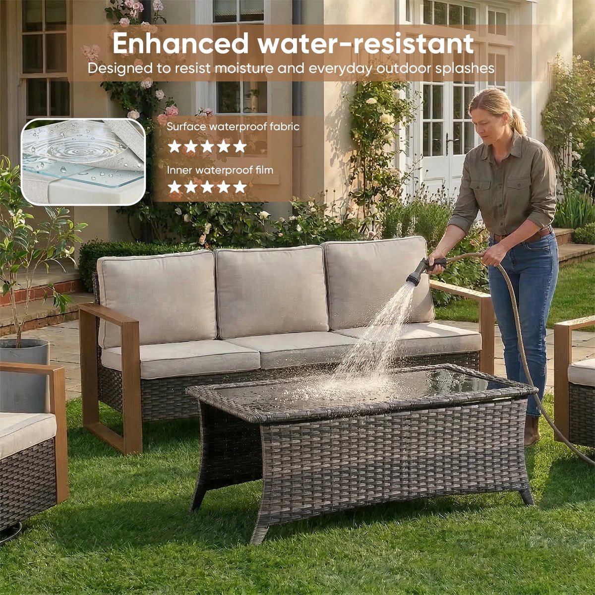 Luxury 6 Pieces Patio Furniture Set with 41” Propane Fire Pit Table,Rattan Outdoor Deep Seating Conversation Set with Swivel Glider Patio Chair and Rattan Sofa for Porch Backyard Balcony