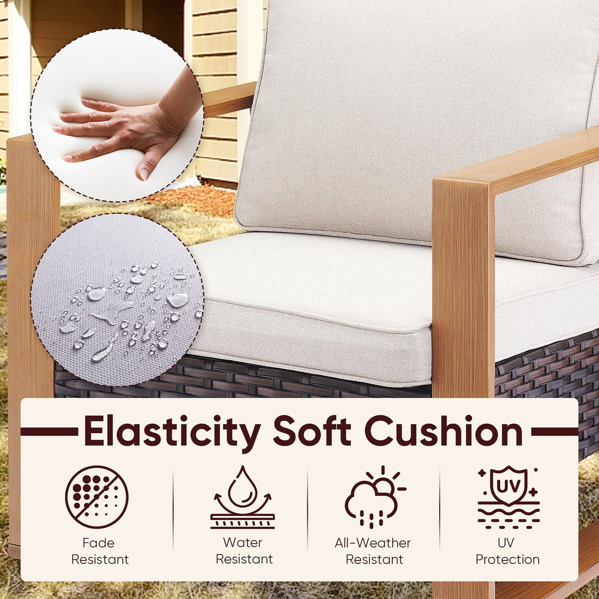 Luxury 6 Pieces Patio Furniture Set with 41” Propane Fire Pit Table,Rattan Outdoor Deep Seating Conversation Set with Swivel Glider Patio Chair and Rattan Sofa for Porch Backyard Balcony