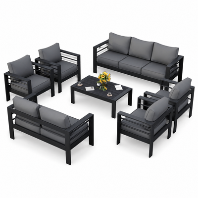 Aluminum Patio Furniture Set, 7 Piece Metal Outdoor Set, Patio Furniture Set with Waterproof Covers for Backyard Garden（Grey）