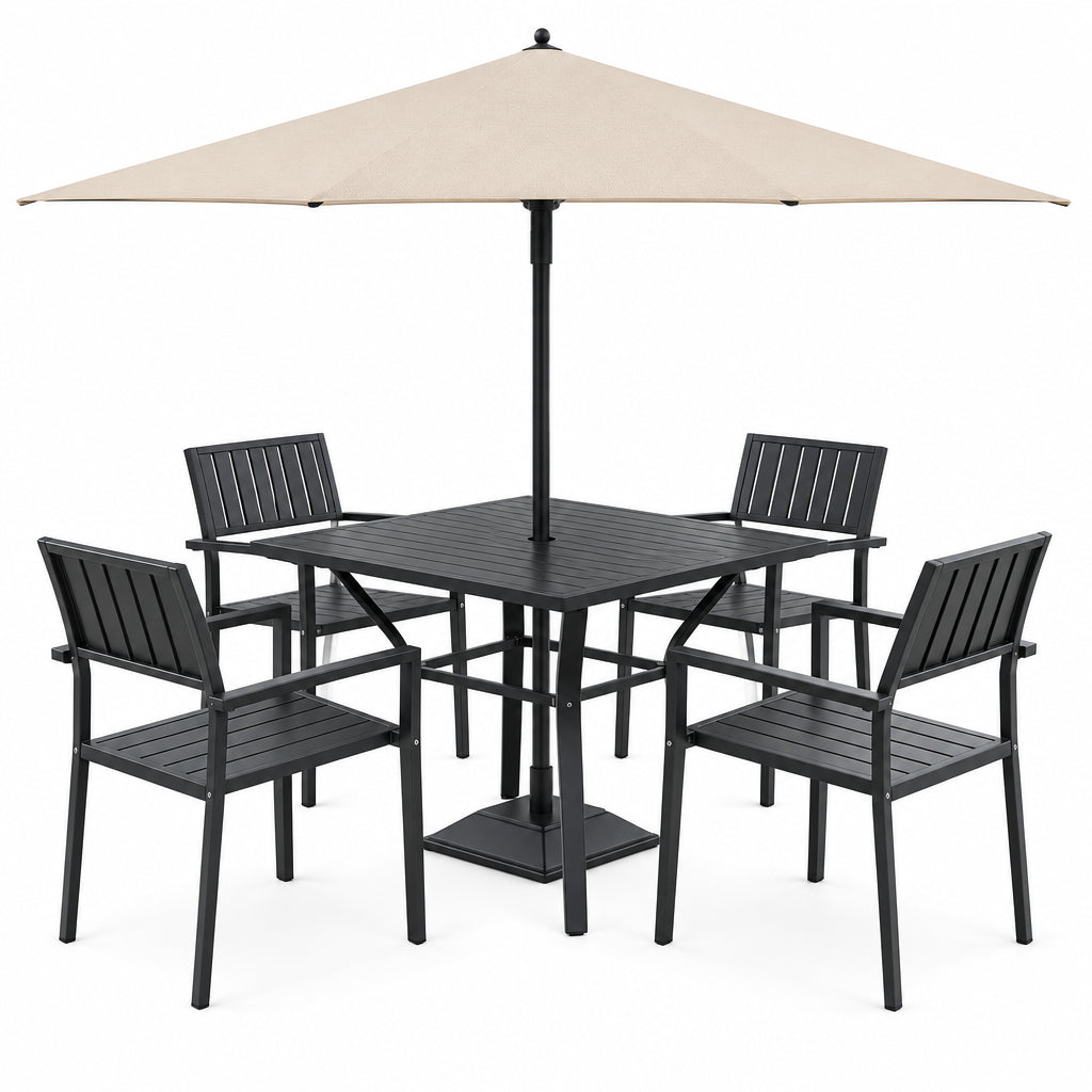 5‑Piece Outdoor Patio Dining Set, Waterproof Patio Table and Chairs for 4, Outdoor Patio Dining Set, 37.8" Square Wood‑Grain Metal Table with Umbrella Hole for Lawn Garden Backyard, Black