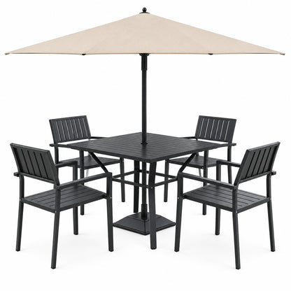 5‑Piece Outdoor Patio Dining Set, Waterproof Patio Table and Chairs for 4, Outdoor Patio Dining Set, 37.8" Square Wood‑Grain Metal Table with Umbrella Hole for Lawn Garden Backyard, Black