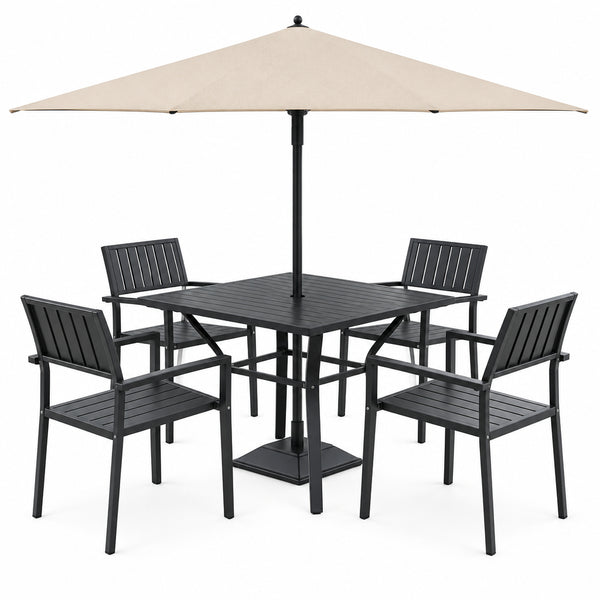 5‑Piece Outdoor Patio Dining Set, Waterproof Patio Table and Chairs for 4, Outdoor Patio Dining Set, 37.8" Square Wood‑Grain Metal Table with Umbrella Hole for Lawn Garden Backyard, Black