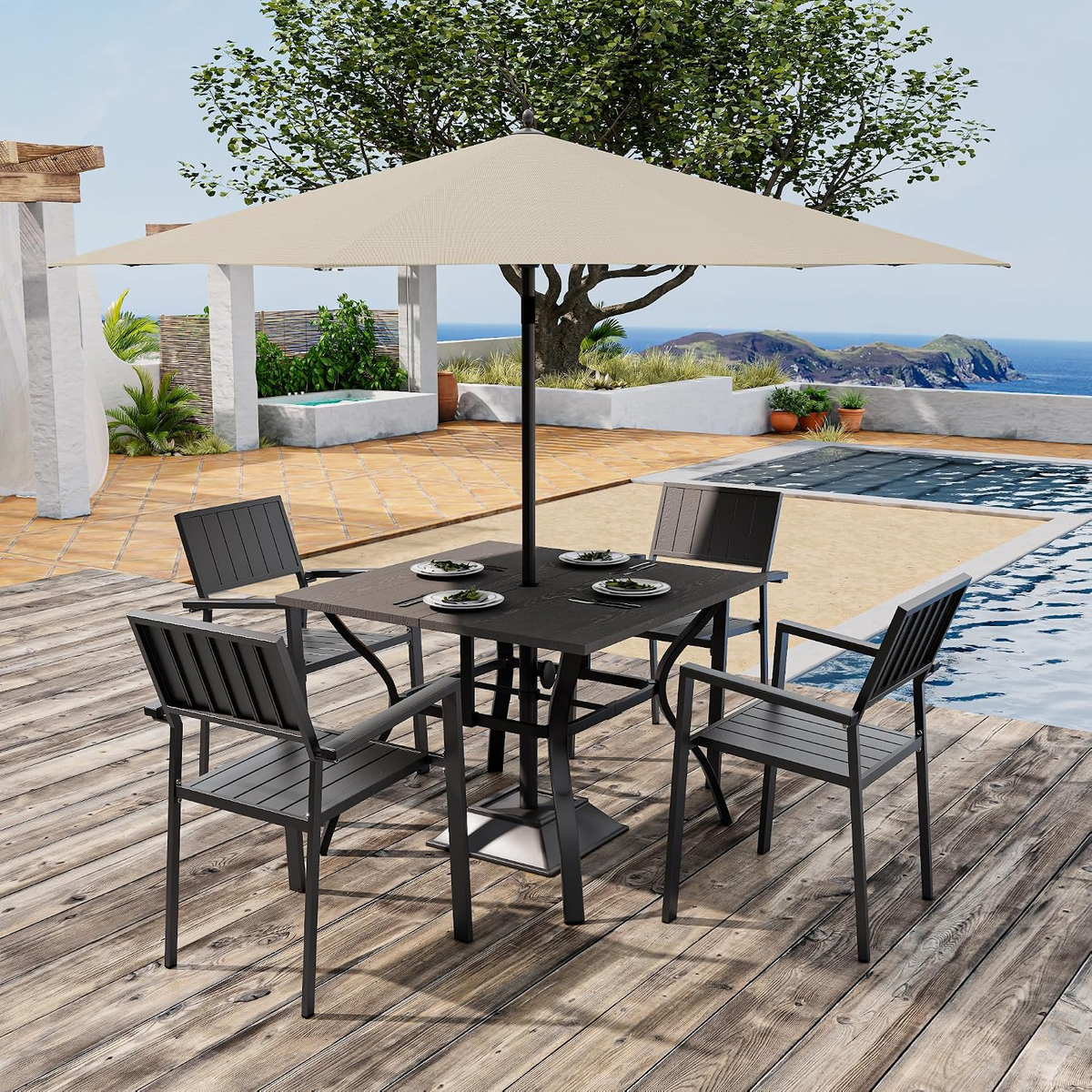 5‑Piece Outdoor Patio Dining Set, Waterproof Patio Table and Chairs for 4, Outdoor Patio Dining Set, 37.8" Square Wood‑Grain Metal Table with Umbrella Hole for Lawn Garden Backyard, Black