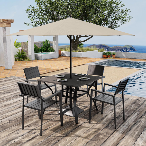 5‑Piece Outdoor Patio Dining Set, Waterproof Patio Table and Chairs for 4, Outdoor Patio Dining Set, 37.8" Square Wood‑Grain Metal Table with Umbrella Hole for Lawn Garden Backyard, Black